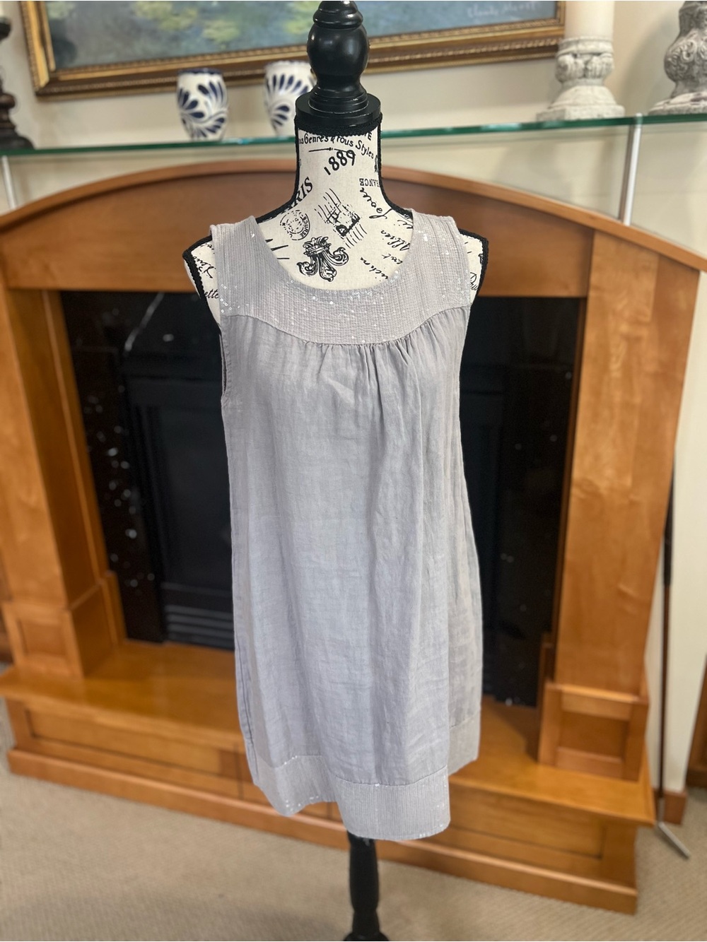 Women's Sleeveless Embellished Light Gray Linen Dress